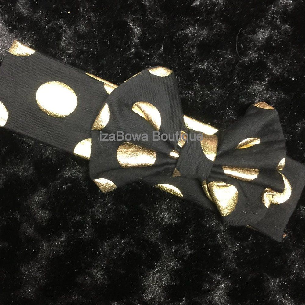 Black & Gold Dot Bow Tie Cotton Headband  (2)  HB995  Handmade NWT Boutique